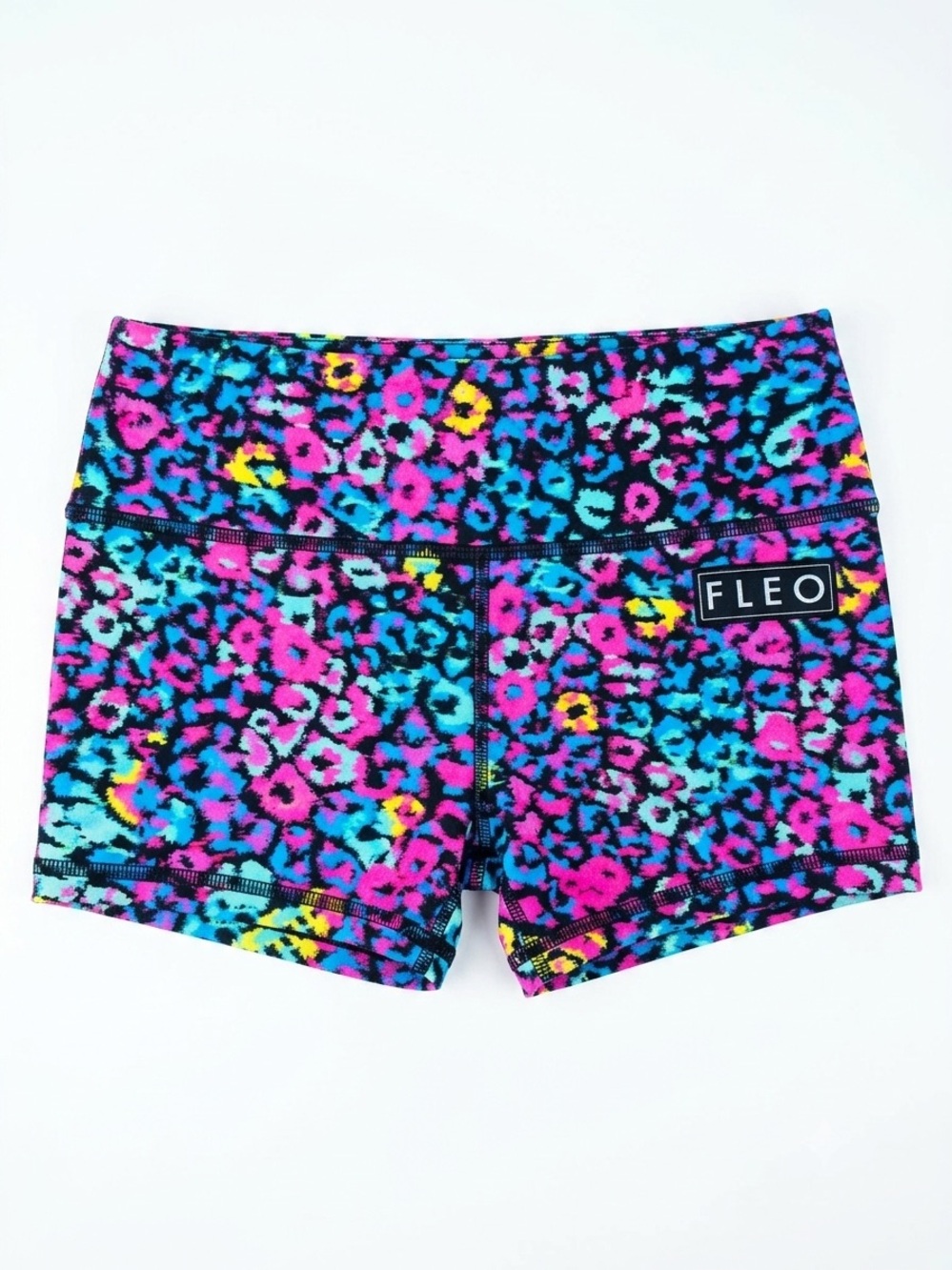 FLEO Neon Leopard Spandex Workout Shorts Vibrant Animal Print Size S